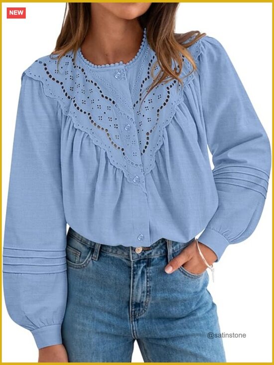 Tops - Lace Crochet Button Down Long Puff Sleeve Babydoll Top Blouse Boho
